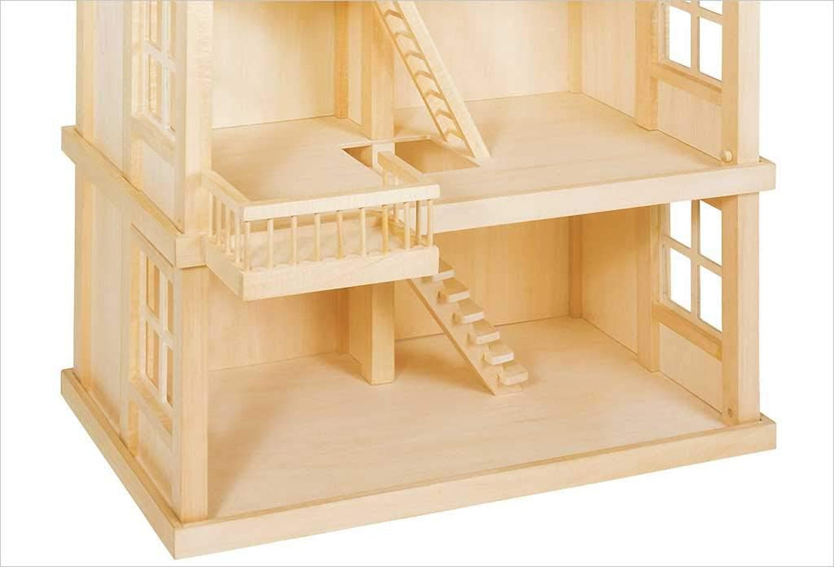 51957 Dockhus i trä, 65 x 35 x 87,5 cm - Stort dockhus i trä, 3 våningar, öppen design, rött tak, trappor och balkong för kreativt rollspel, dockhuslekvärld
