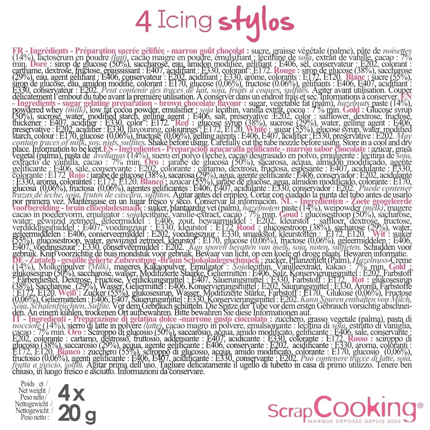 Scrapcooking - 4-delade markörer: guld, choklad, vit och röd - dekorativa ätbara pennor för att skriva och rita på desserter, kakor och kex