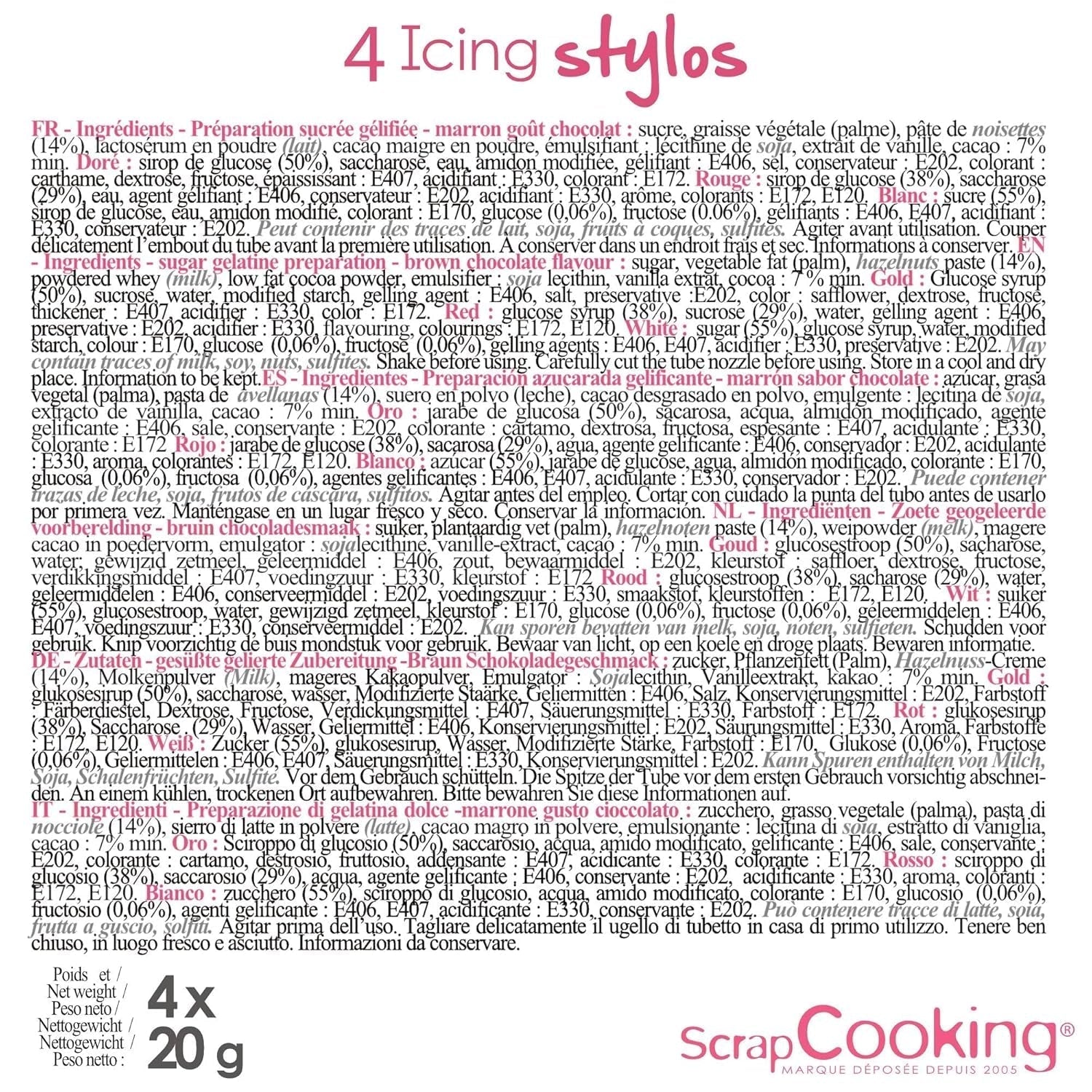 Scrapcooking - 4-delade markörer: guld, choklad, vit och röd - dekorativa ätbara pennor för att skriva och rita på desserter, kakor och kex