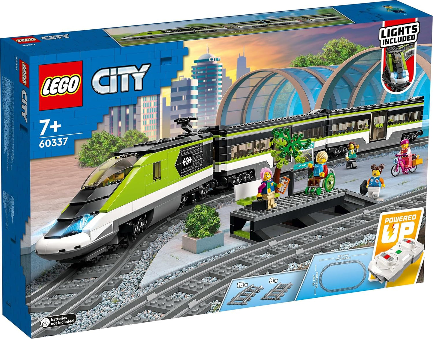 LEGO City Passenger Express Train, fjärrstyrt tågset, järnvägsleksak med strålkastare, 2 vagnar och 24 spårelement, present till barn, pojkar och flickor 60337 Byggset Besuche den LEGO-Store