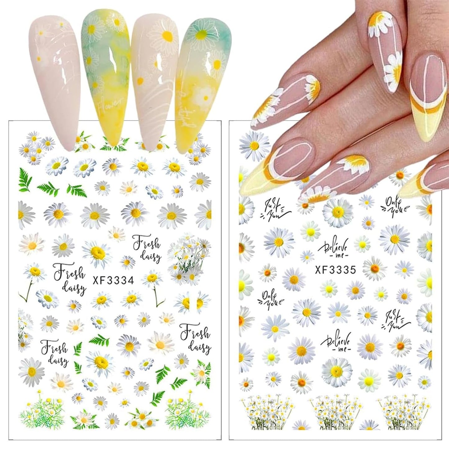 12 ark 3D-effekt Nagelklistermärke UV-härdande Långvarig Blomma Nagelklistermärken Gul Vit Daisy Nail Art Stickers