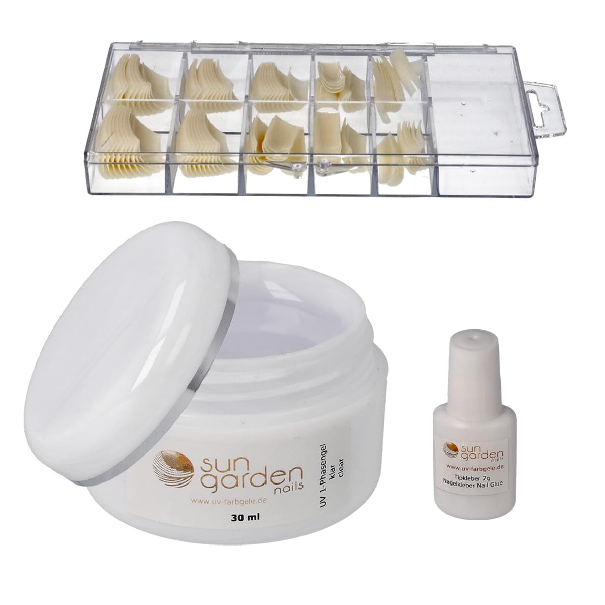 Sun Garden Nails monofasisk transparent gel 30ml + låda med 100 tips + lim för tips 7ml
