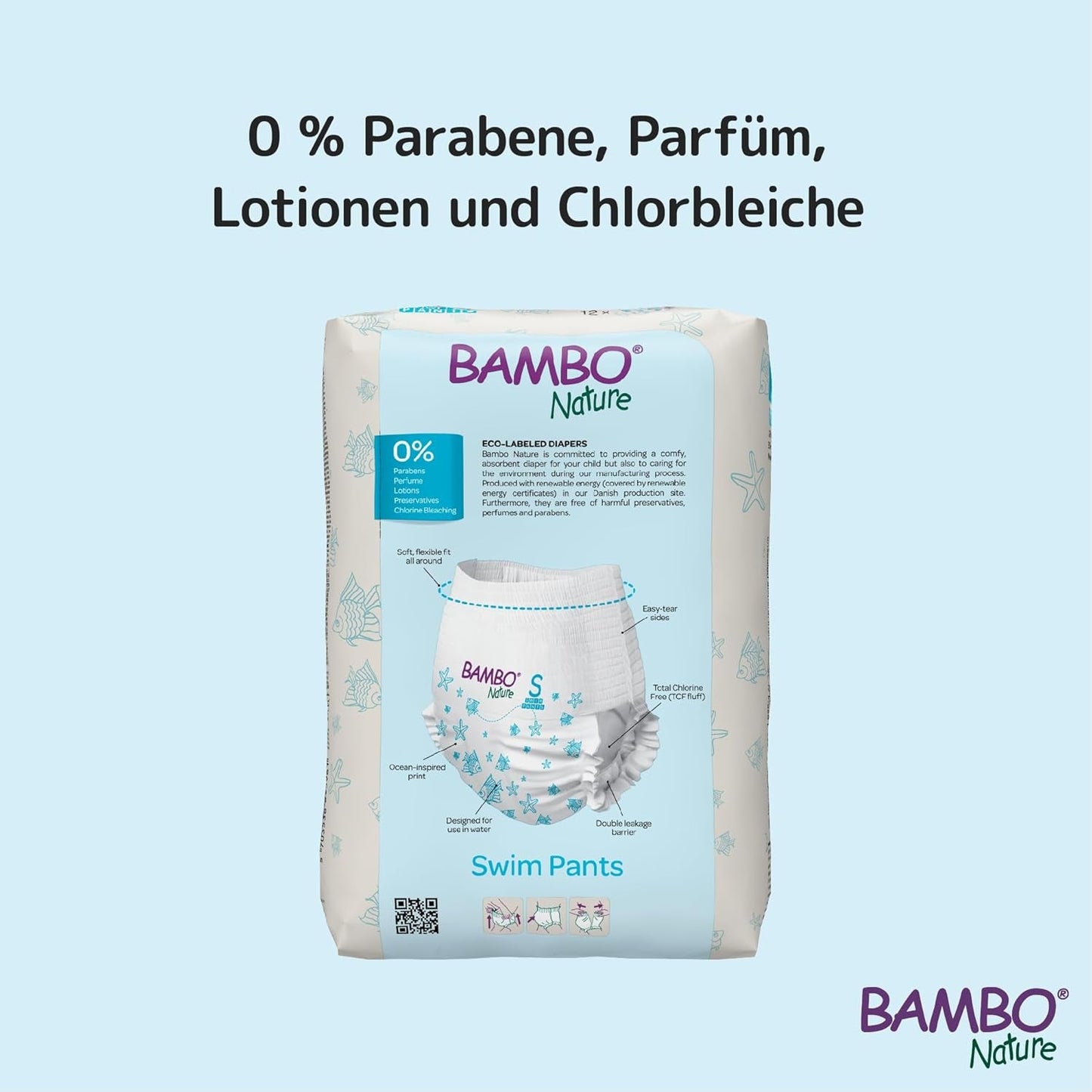 Bambo Nature Babysimblöjor, storlek S (7-12kg), 12 blöjor | Säker passform engångsbadblöjor | Vattentät komfort under vattenlek