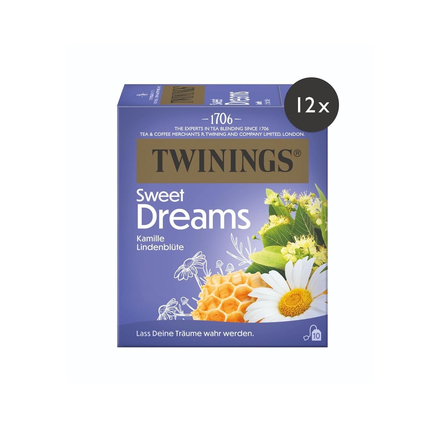 Twinings SWEET DREAMS Kamomillte med honung, apelsin och limeblom - Söt blandning av örtteer för naturlig sömnförbättring, 12-pack (10 tepåsar vardera)