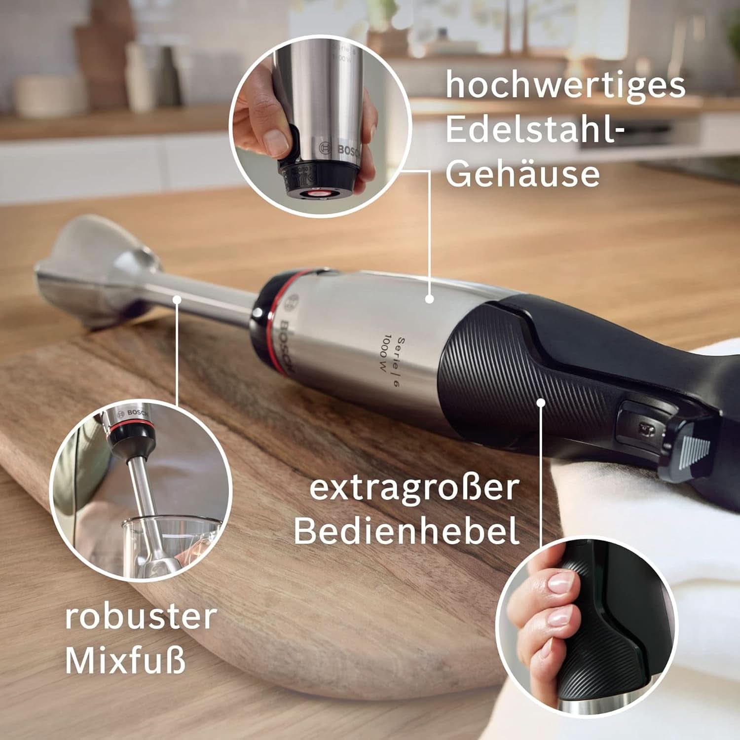 Bosch Stabmixer Ergomaster Serie 6 MSM6M673, 10 Jahre Motorgarantie, Edelstahl-Klingen, Verschleißfreie Keramik-Kupplung, Luftkühlung, Zerkleinerer, Kartoffelstampfer, Schneebesen, 1000 W Kitchen Naty Shop