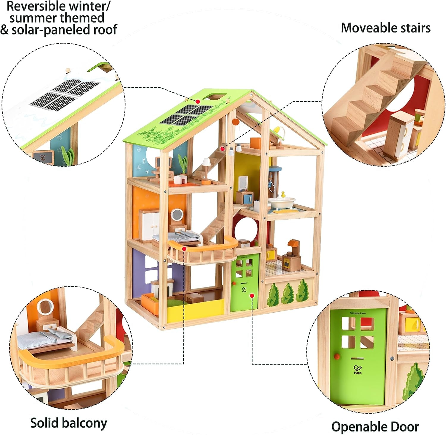 Hape Four Seasons Dollhouse - prisbelönt trevånings dockhus i trä med möbler, tillbehör, skjuttrappa och vändbart tak för alla årstider, för barn från 3 år och uppåt