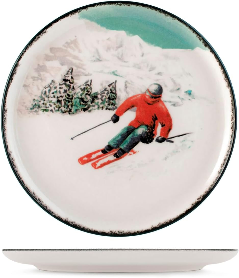 Winter Escape 12-delad julservis i stengods - Nordic Winter Skier Design - Tål diskmaskin och mikrovågsugn