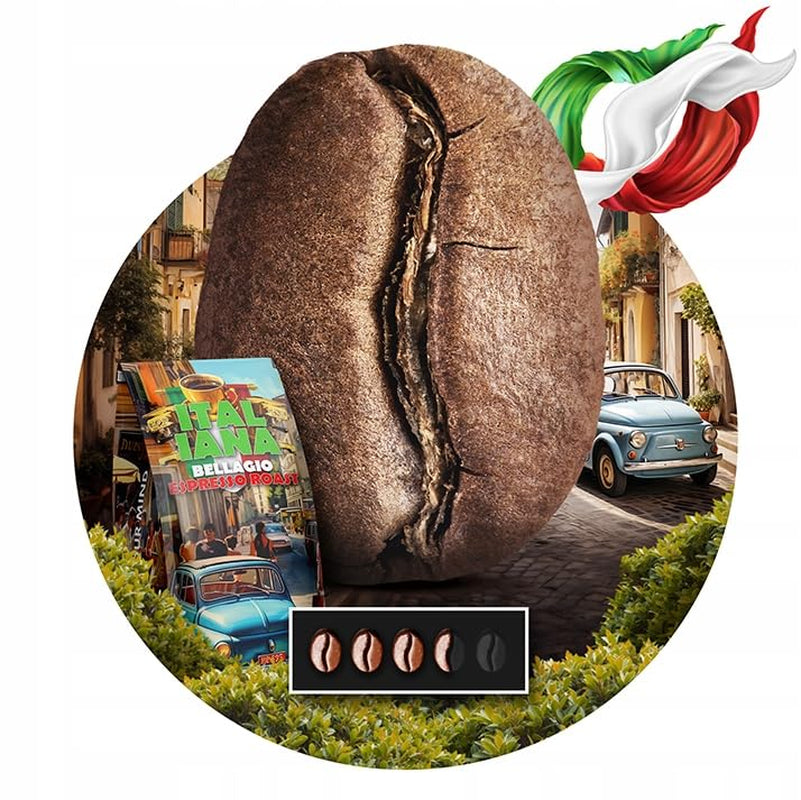 Rostade kaffebönor Italiana Bellagio 1kg | 80 % Arabica och 20 % Robusta | med inslag av nötter och mörk choklad | nyrostad, låg syra | för kaffemaskiner | Blue Orca Coffee