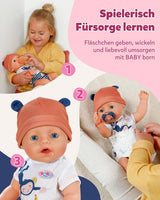 BABY Born Emma i djungelstil - Docka 43 cm lång - 10 funktioner Inklusive accessoarer och klänning i unisexfärger - Fungerar utan batterier - Lämplig för barn från 3 år och uppåt Naty Shop Dolls