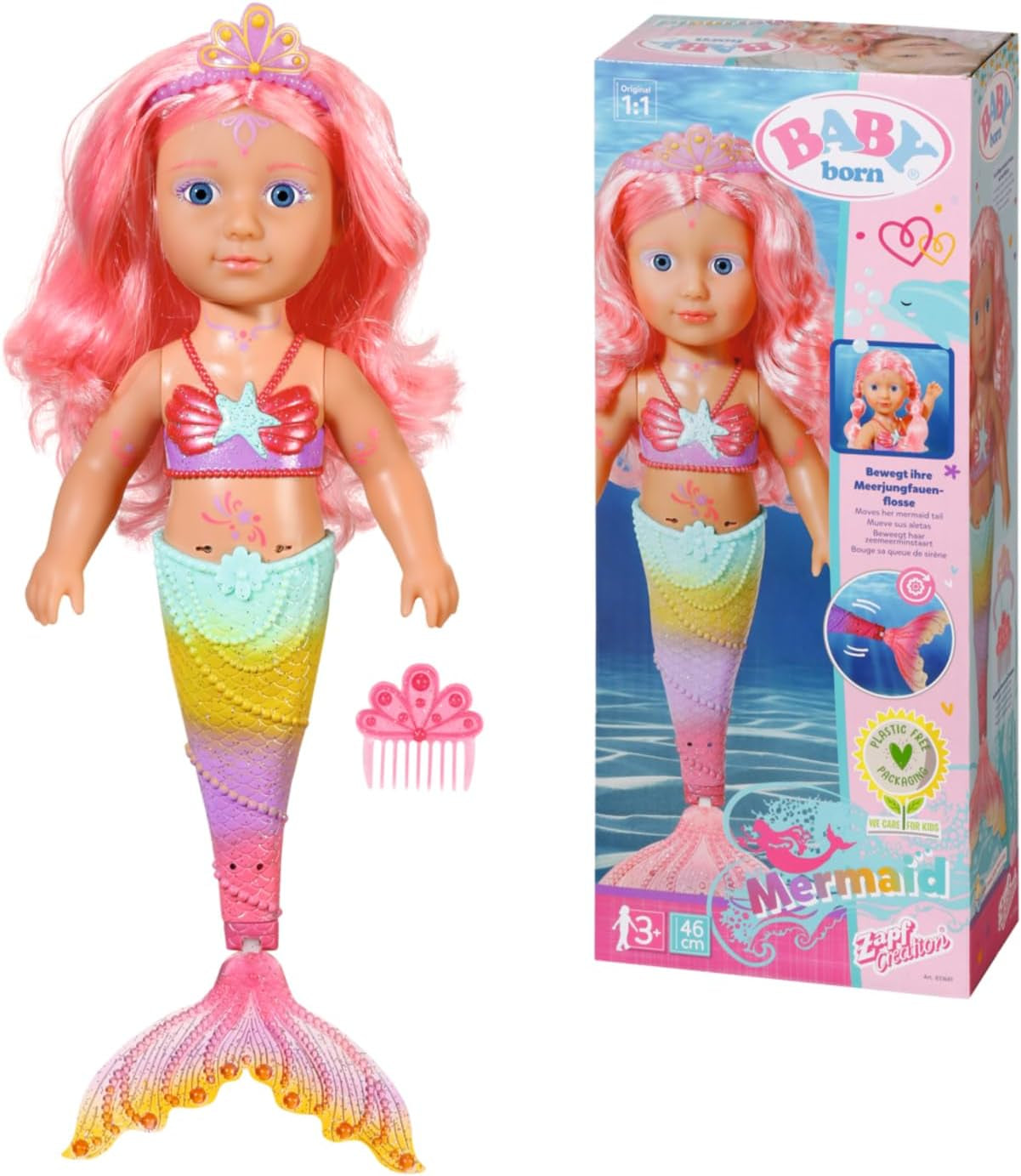 BABY Born Little Sister Mermaid 46 cm Vattentät sjöjungfrudocka med långt hår och rörlig glitterfena, inkl. tiara och kam, 833681 Zapf Creation Dolls Naty Shop Single