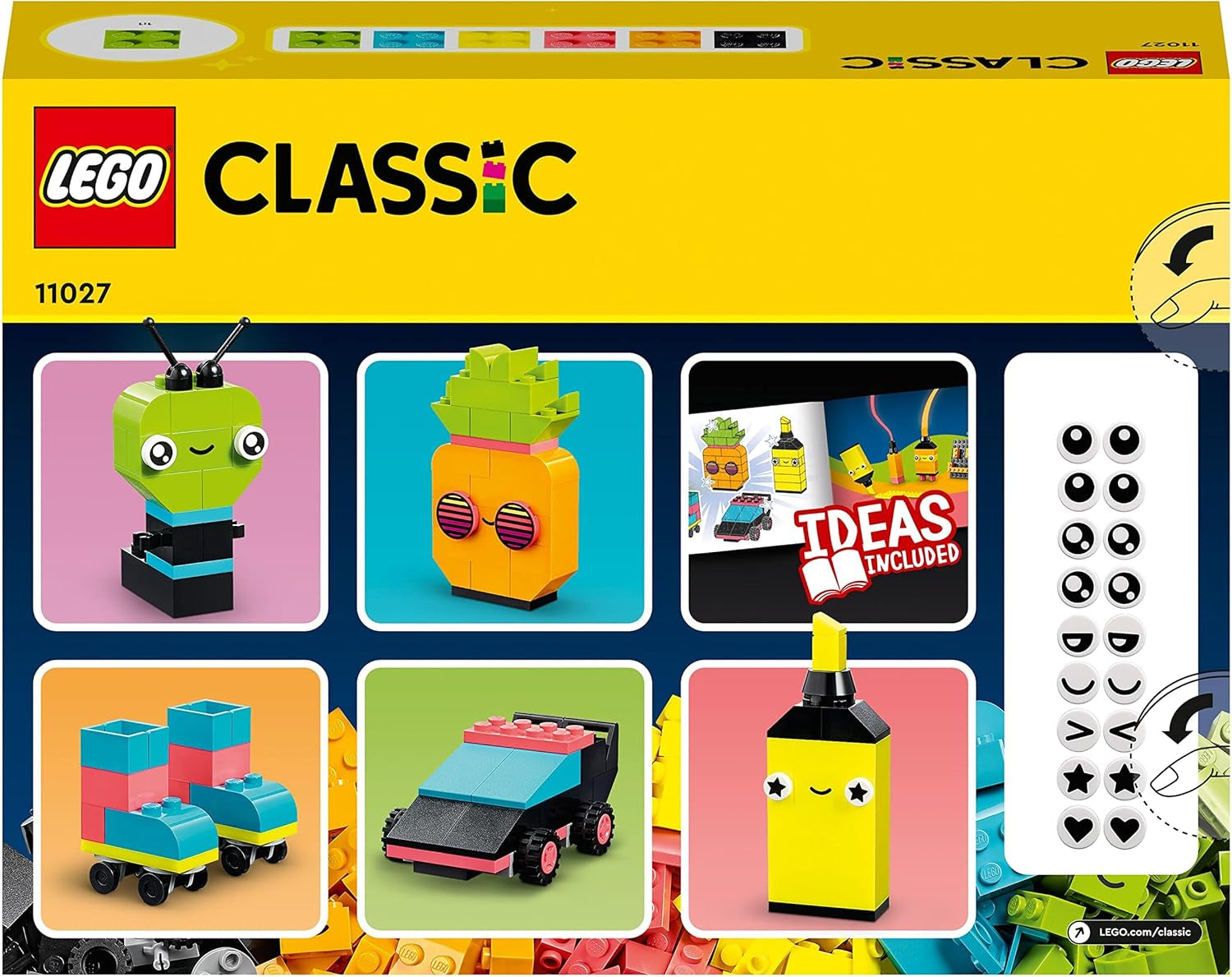 LEGO 11027 Classic Neon Creative Building Set, Brick Box Set, Byggleksak med modeller: bil, ananas, alien, rullskridskor, figurer och mer, för barn från 5 år och uppåt Byggset Besuche den LEGO-Store
