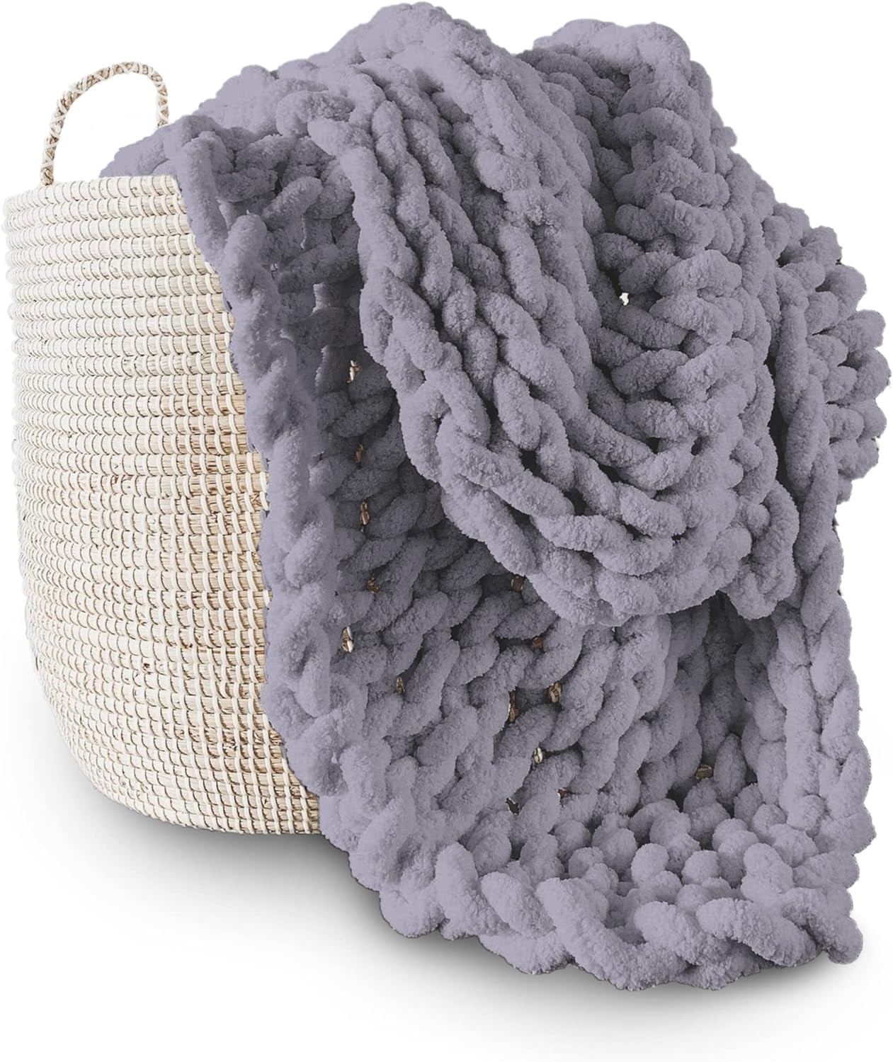 Chunky stickad filt, kast, 100% handstickad med jumbo chenillegarn (127 X 152,4 Cm, lila grå) Adyrescia Sängar och täcken Grå 50 "X60"
