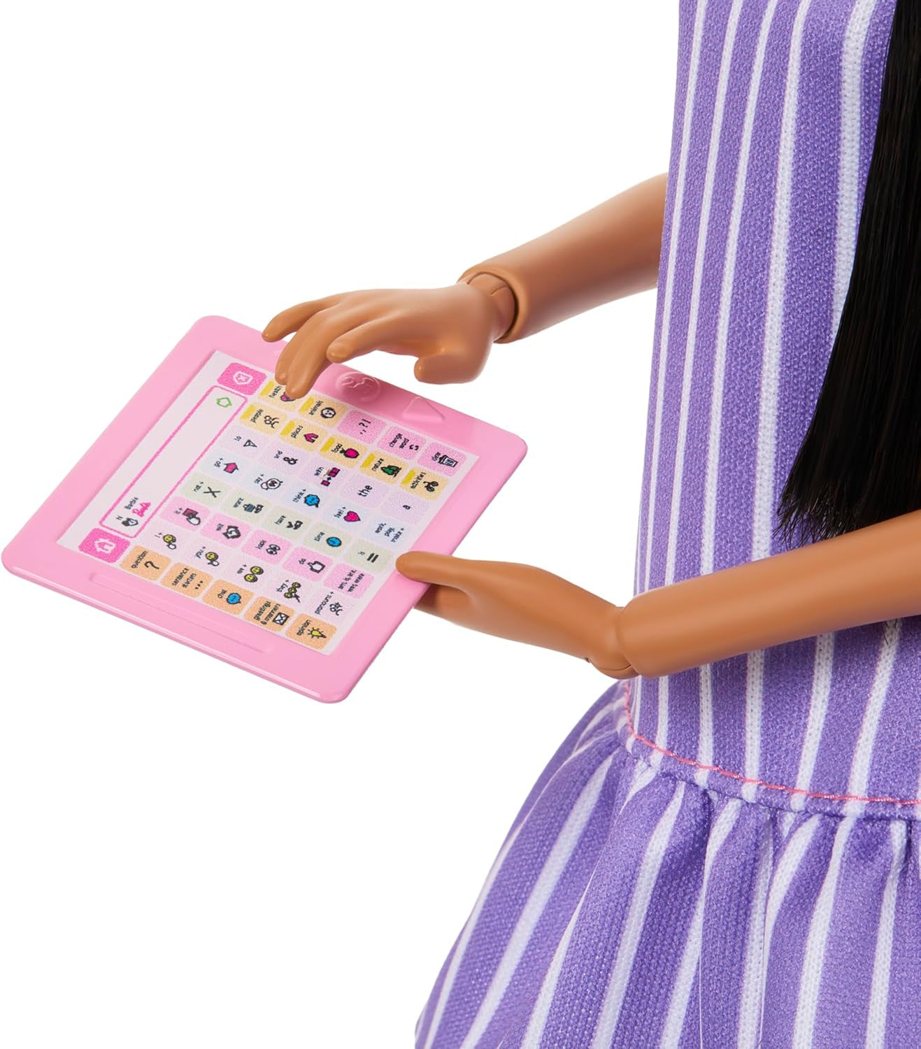 Barbie Fashionistas docka nr. 245, autistisk docka med lila randig klänning och tillbehör som fidget spinner, surfplatta och hörlurar, JJN58