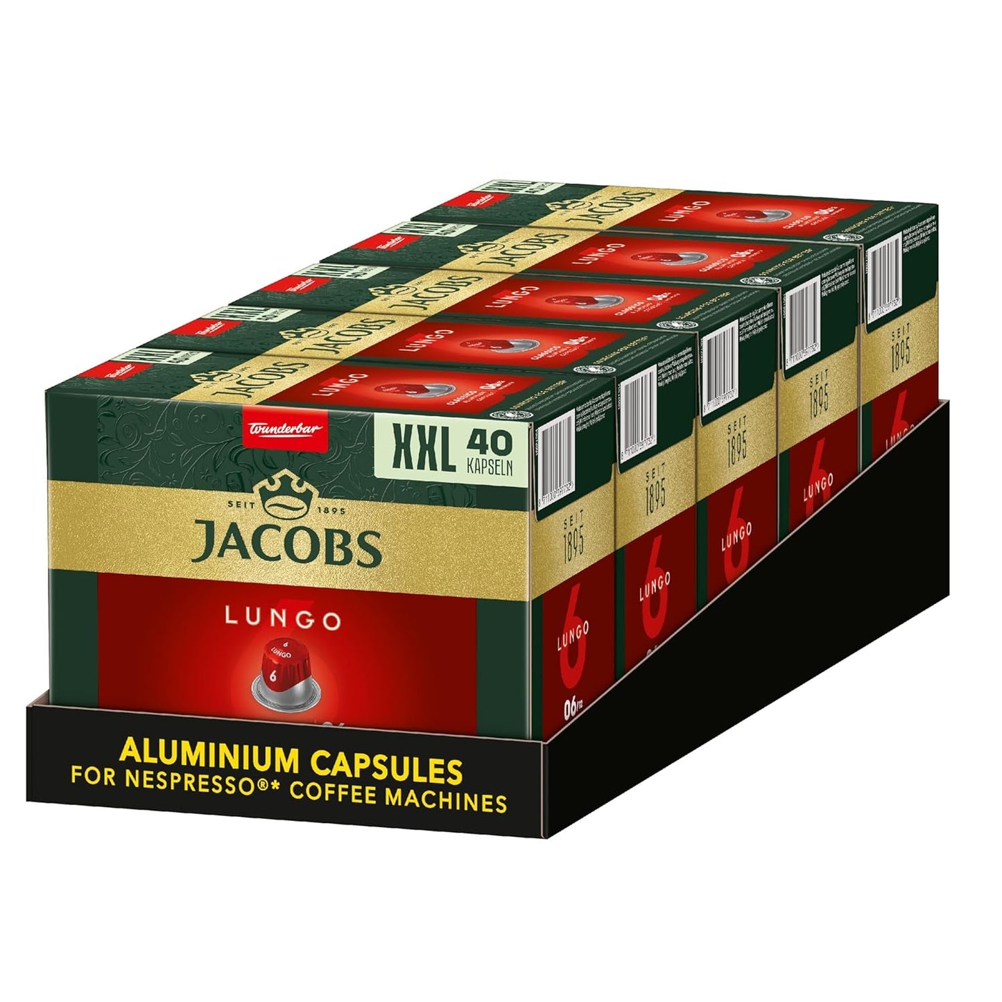Jacobs Kaffeekapseln Lungo Classico, Megapack XXL, Intensität 6/12, 5 x 40 Getränke, Nespresso* kompatibel Kaffee Kapseln, 200 Kapseln