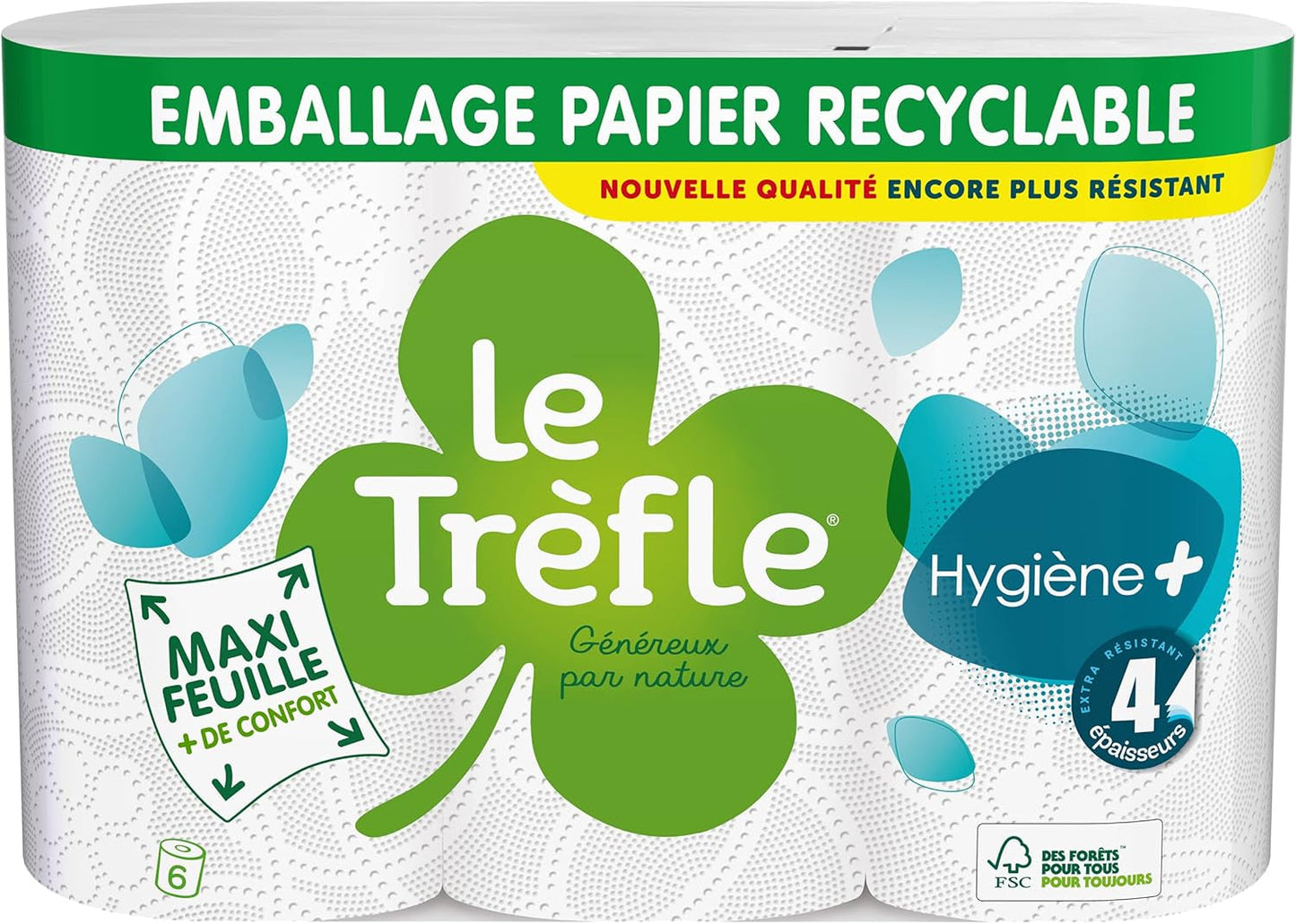 Le Trefoil Hygiene + Toalettpapper, 6 rullar, 4 styrkor (2-pack)