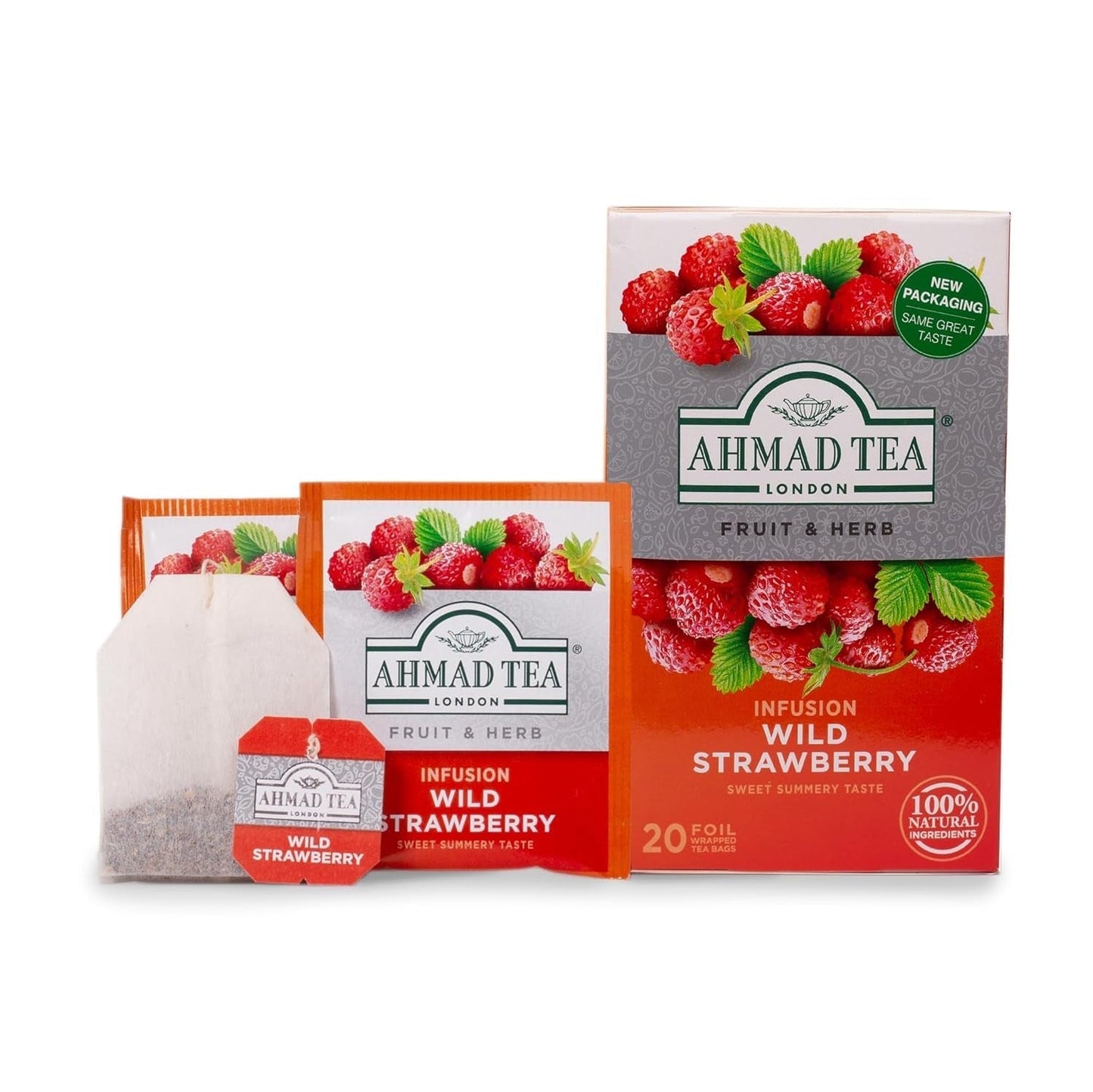Ahmad-te - Vildjordgubb - Koffeinfritt frukt- och örtte - Jordgubb - Smakförseglade individuellt inslagna tepåsar med 2 g te per portion - 20 bandade tepåsar