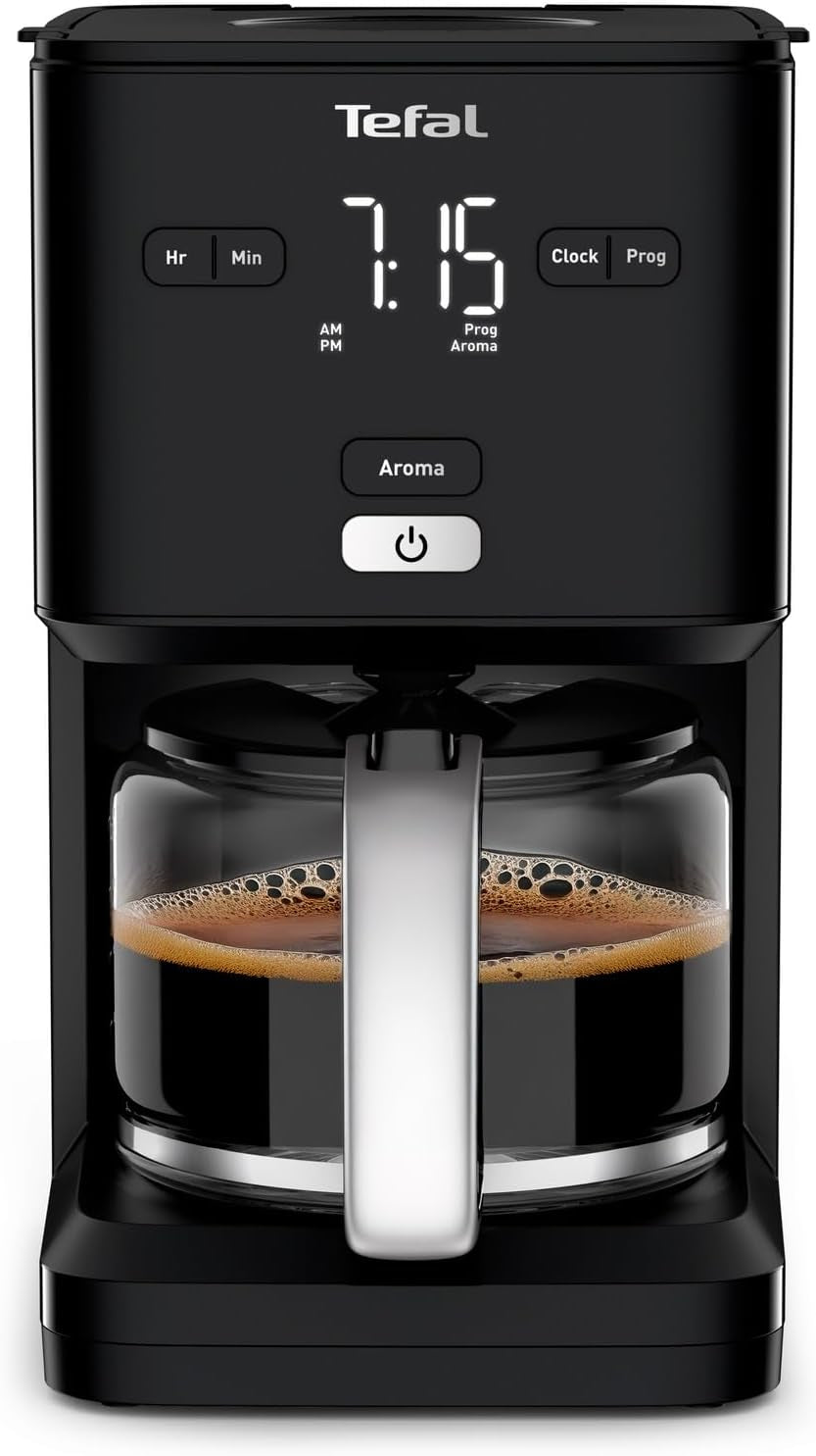 Tefal Smart'n Light Espressomaskin med timer, Espressomaskin med programmerbart filter 1,25 L, Aromafunktion för intensiv arom, Varmhållningsfunktion, Anti-dropp och lätt att rengöra, Svart
