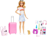 Barbiedocka, resebarbie med blont hår, 10+ resetillbehör, klistermärken, resväska, valp, innehåller 1 docka, barnpresent, leksak från 3 år och äldre, HJY18