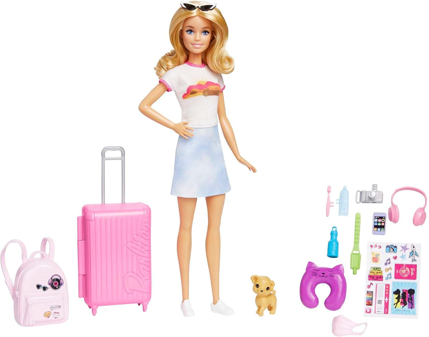 Barbiedocka, resebarbie med blont hår, 10+ resetillbehör, klistermärken, resväska, valp, innehåller 1 docka, barnpresent, leksak från 3 år och äldre, HJY18