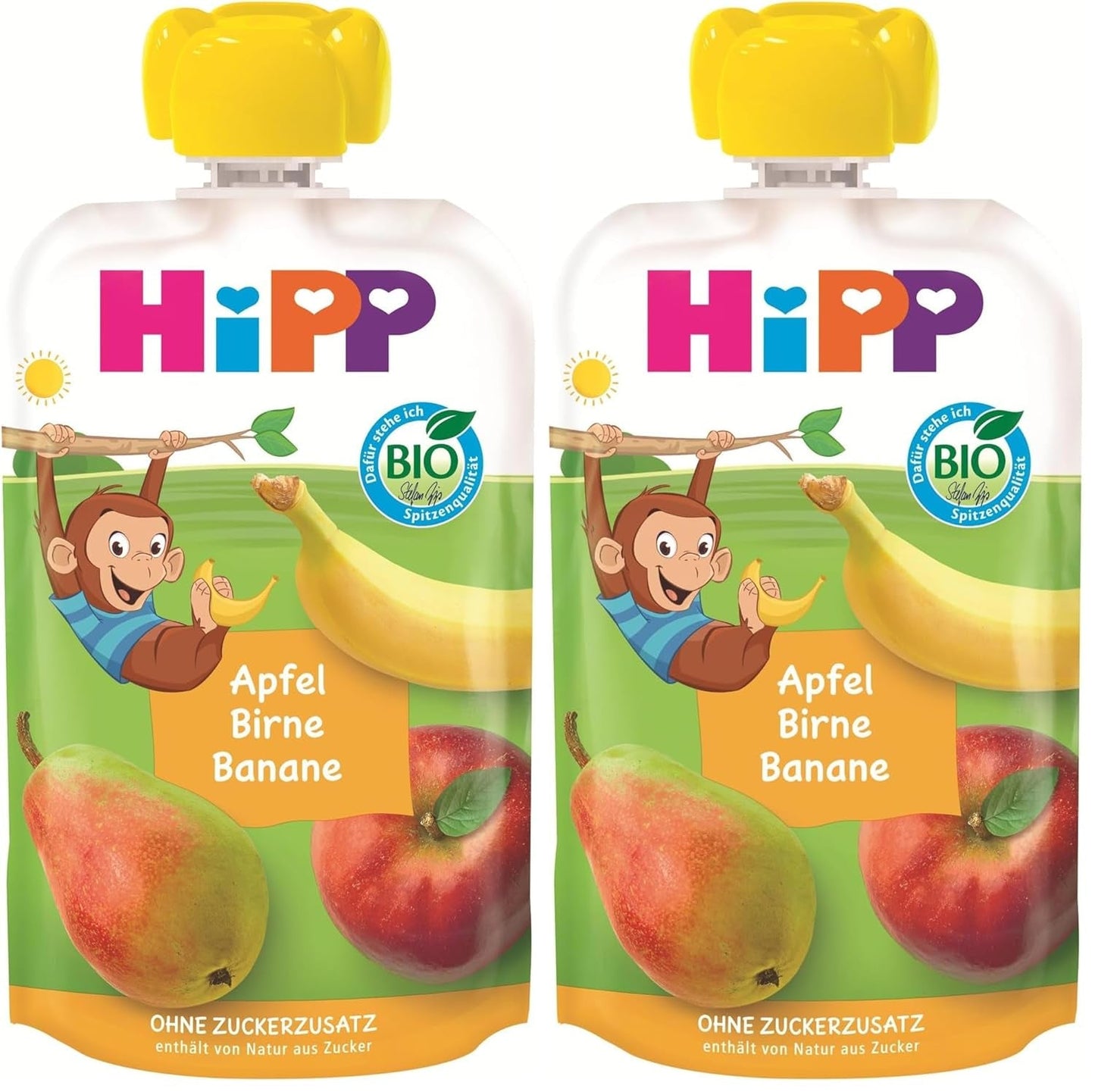 HiPP ekologiska fruktpåsar, pressbara, äpple, päron, banan - Anton Maimuta (8 x 100g), från 1 år, 100% fruktpuré, utan tillsatt socker, vegan, bästa ekologiska kvalitet (pack om 2)