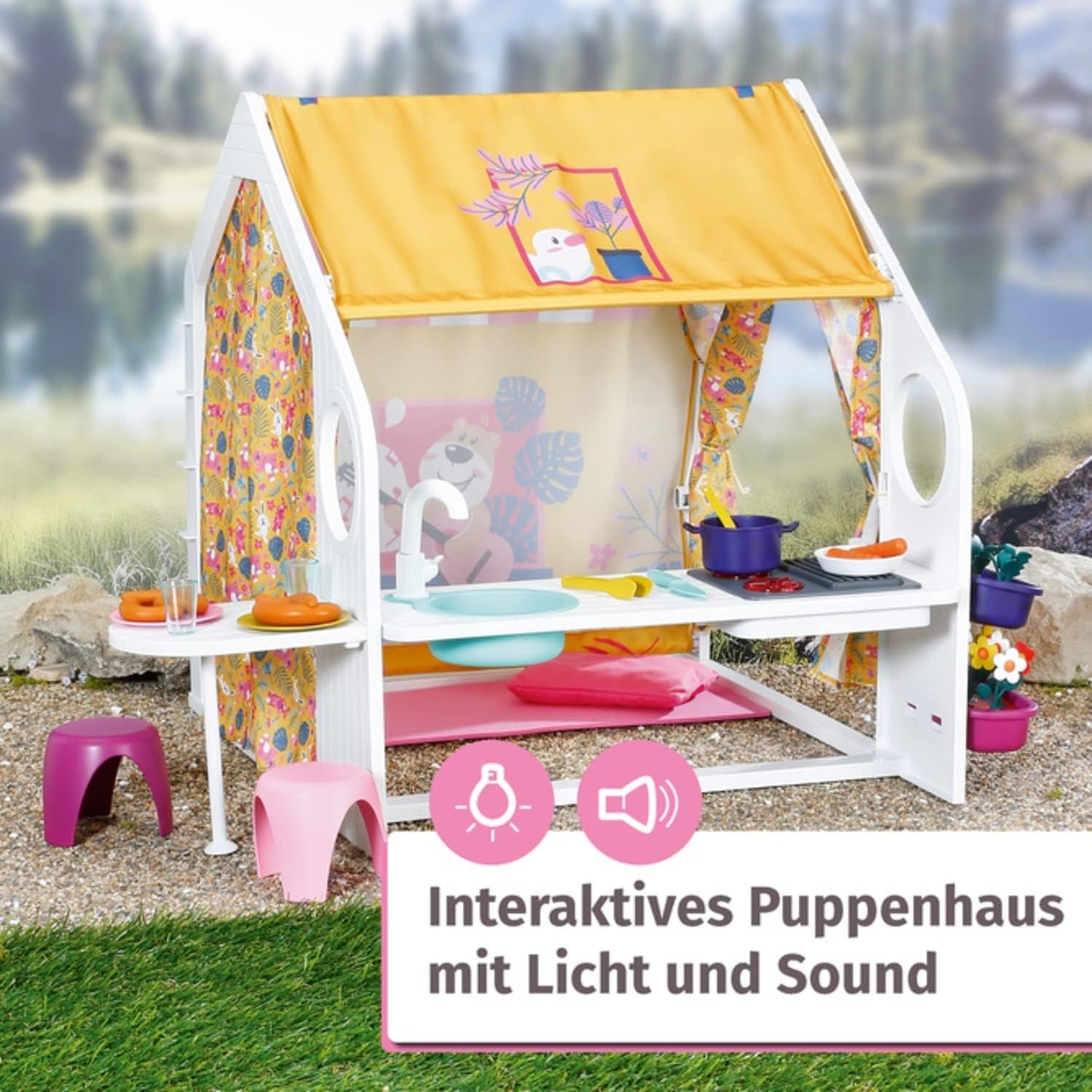 BABY born Dollhouse, Weekend House med ljus- och ljudfunktion, öppningsbara sidopaneler, diskho, grill och många tillbehör, 832752, Zapf Creation