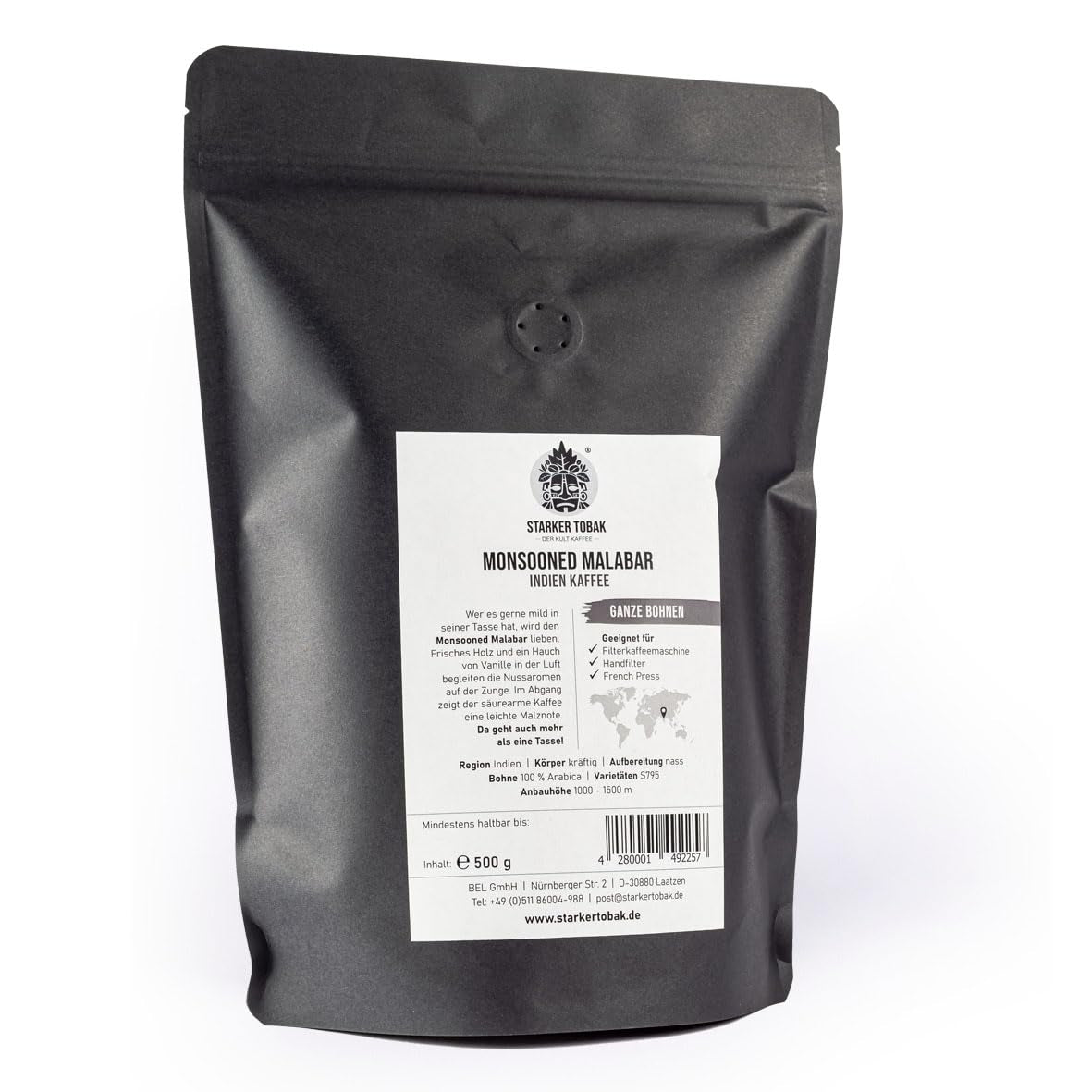 STARKER TOBAK Monsooned Malabar-kaffe, hel böna, handrostad - medelrostad, Indien, 100 % Arabica, Lämplig för filterkaffe, fransk press, helautomatiska kaffebryggare, skonsam för magen - extra låg syrahalt