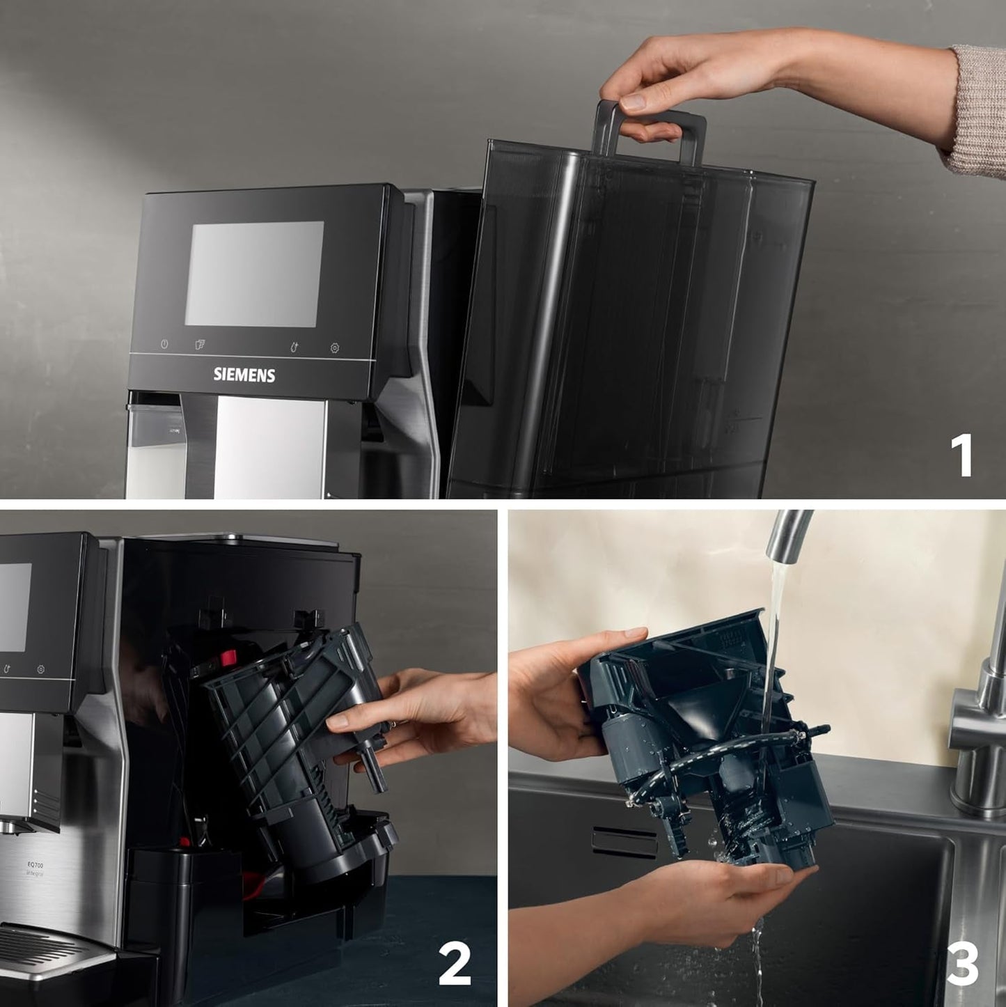 Siemens EQ700 helautomatisk espressomaskin, stor TFT-färgskärm, 36 varma och kalla drycker, kallbryggning, 2 kopparfunktion, appkontroll, automatiskt rengöringssystem, svart rostfritt stål, TQ717D03