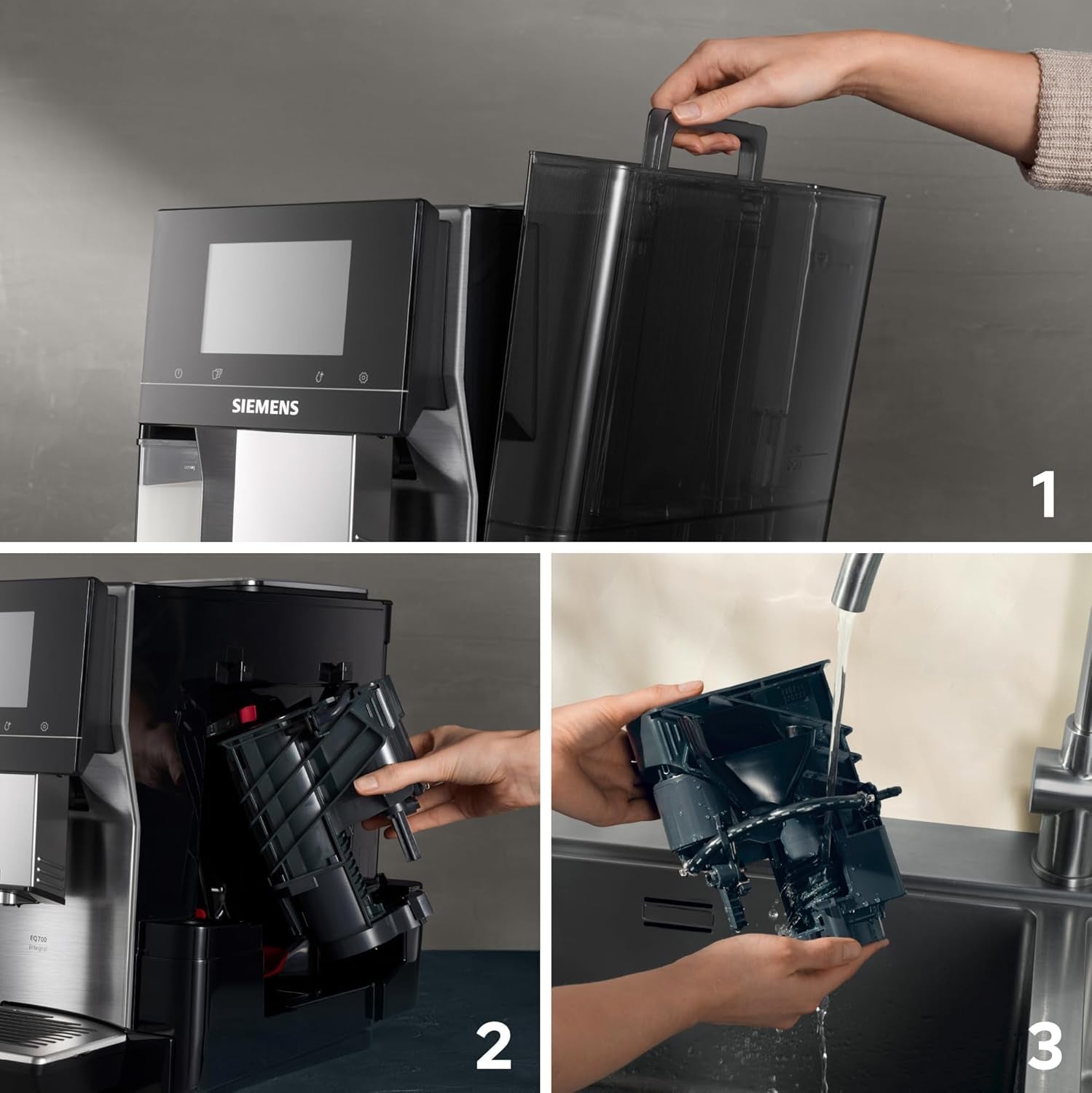 Siemens EQ700 helautomatisk espressomaskin, stor TFT-färgskärm, 36 varma och kalla drycker, kallbryggning, 2 kopparfunktion, appkontroll, automatiskt rengöringssystem, svart rostfritt stål, TQ717D03