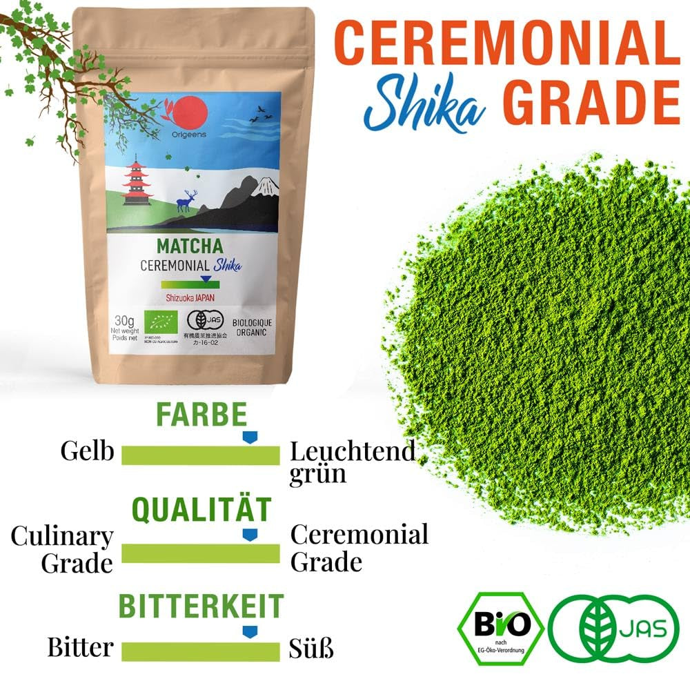 ORIGEENS BIO MATCHA CEREMONIELL GRADE "SHIKA" - Ekologiskt japanskt te från Shizuoka - Matcha Latte/Usucha - 30g påfyllningspåse - Ceremoniellt ekologiskt Matcha grönt tepulver
