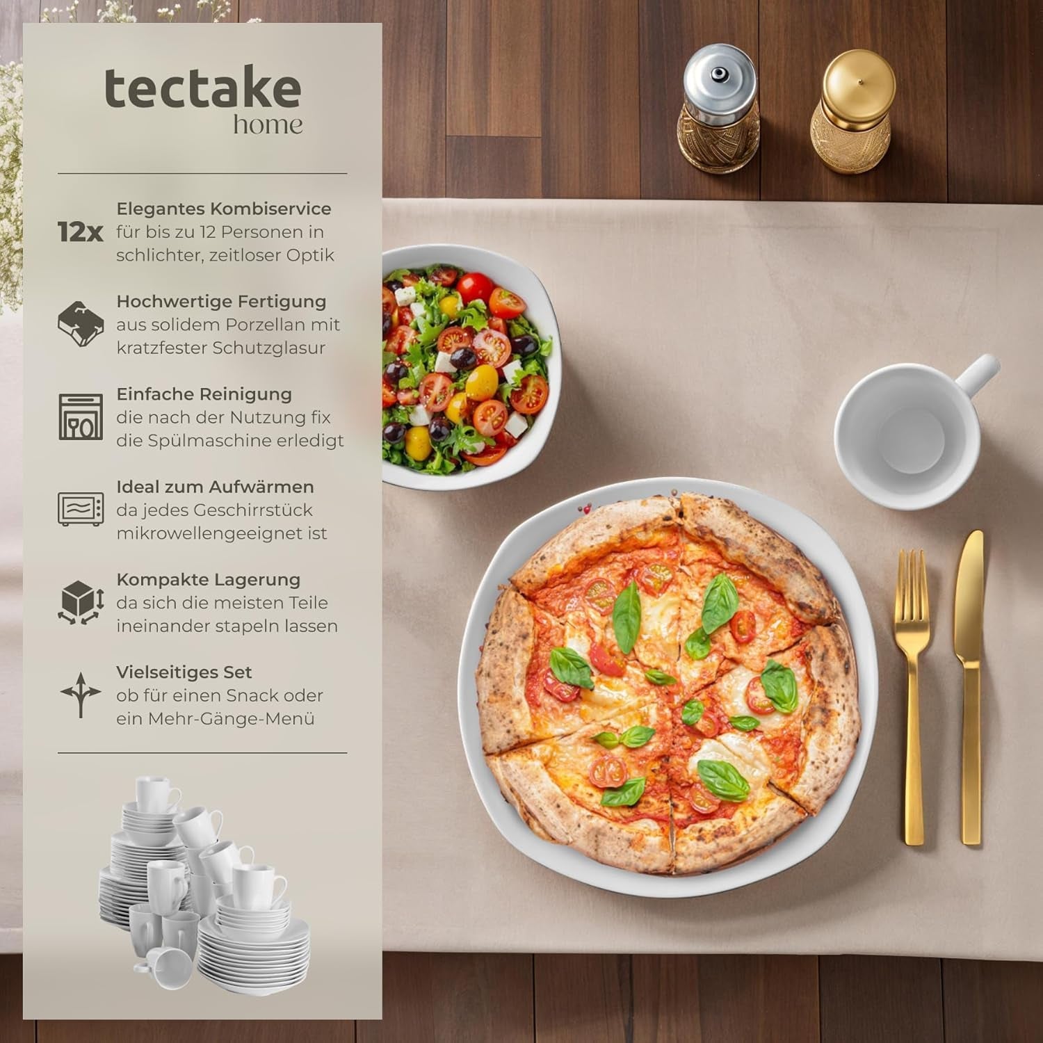 tectake® 12-personers servisset, 100-delat porslinsservis, inklusive 12 tallrikar, 12 desserttallrikar, 12 middagstallrikar, 12 koppar, 12 spannmålsskålar, salladsskål, mjölkkanna, sockerskål