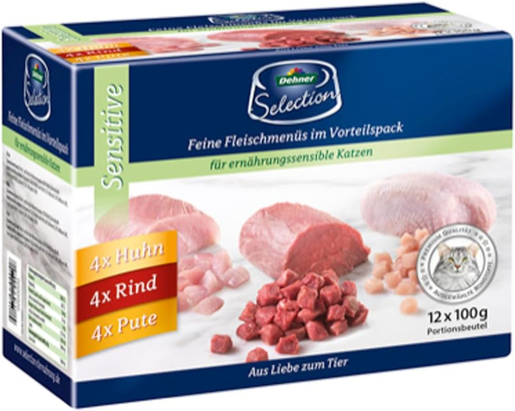 Dehner Premium Katzenfutter Sensitive Multipack, Nassfutter, för ernährungssensible Katzen, je 4 x Huhn / Rind / Pute, 12 x 100 g påse (1,2 kg)