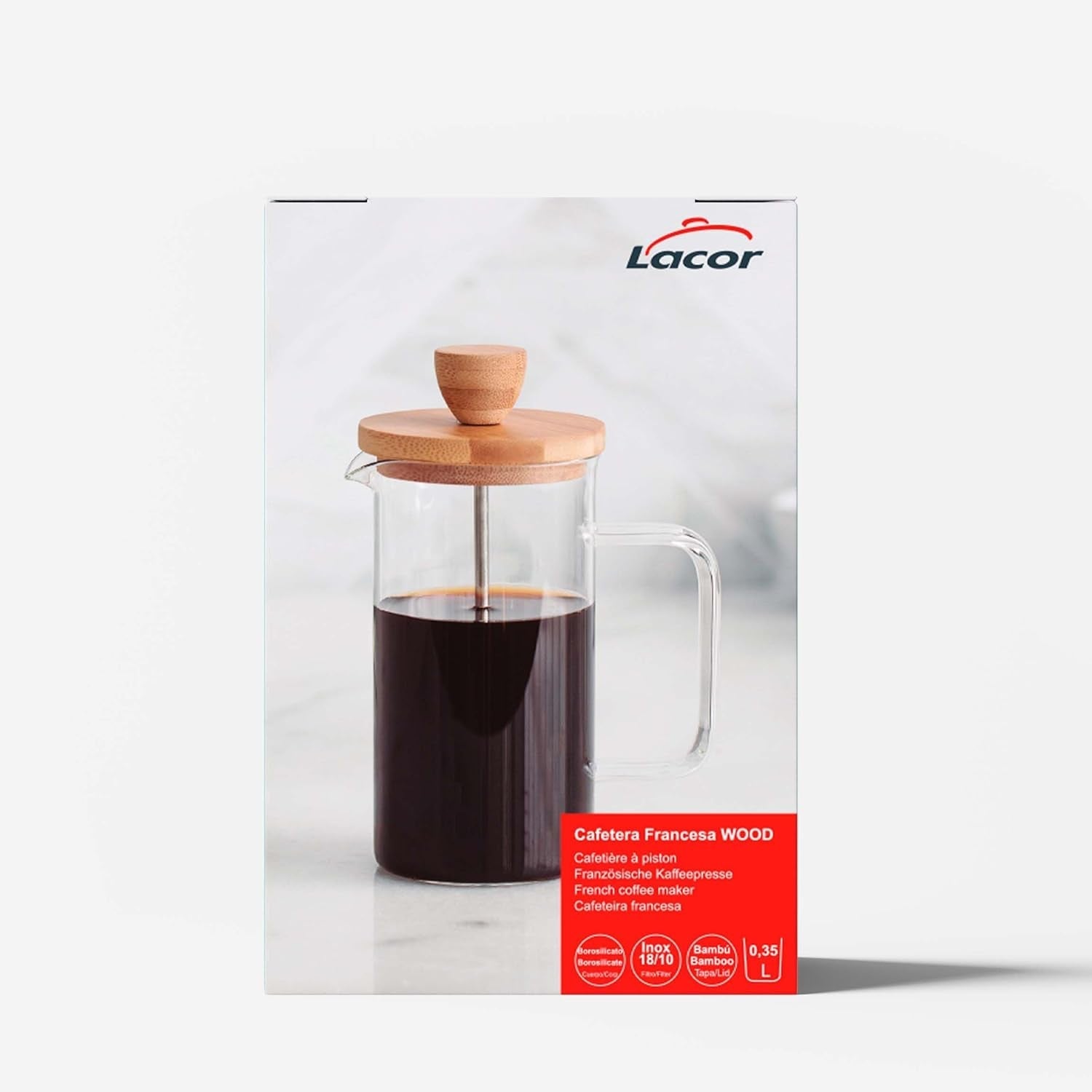 Fransk kaffebryggare, kaffepress, kaffebryggare med kolv, kaffekanna med fransk filter, 3 koppar, 0,35 l, stål och trä