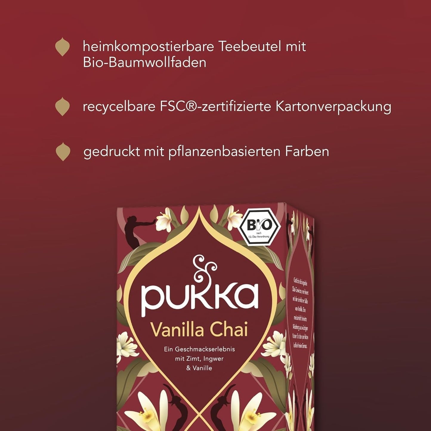 Pukka | Blandning av ekologiska smaksatta teer "Vanilla Chai" | Kanel, ingefära och vanilj | Te för en njutning med naturlig sötma | Förpackning om 1 | 20 tepåsar