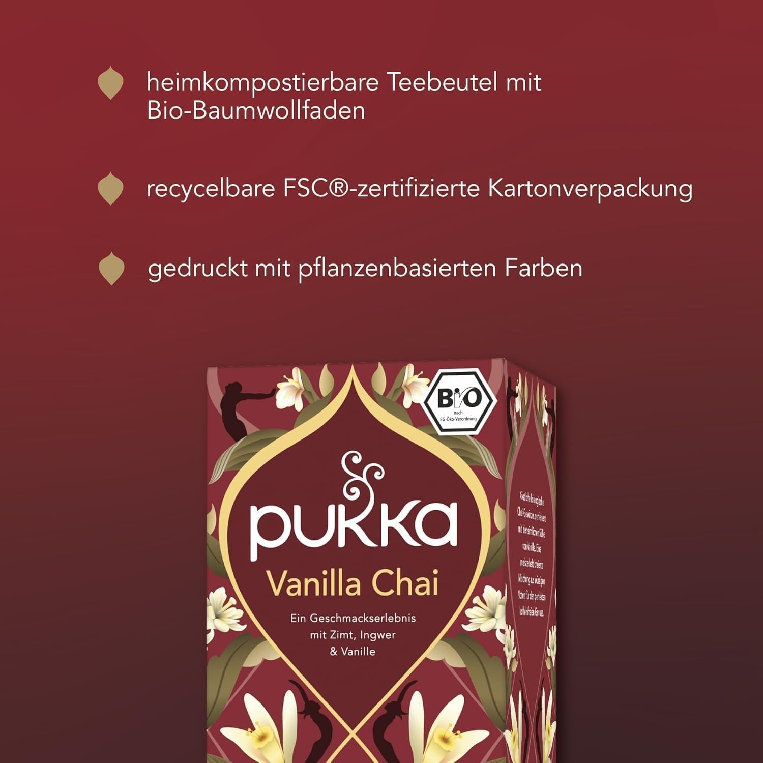 Pukka | Blandning av ekologiska smaksatta teer "Vanilla Chai" | Kanel, ingefära och vanilj | Te för en njutning med naturlig sötma | Förpackning om 1 | 20 tepåsar
