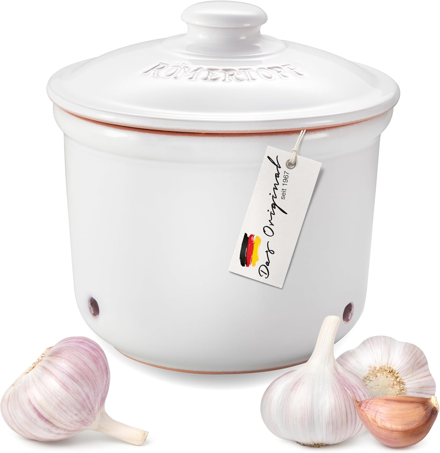 Römertopf Fresh Pot MINI 0,6 liter - Keramisk vitlöksgryta - Andningsbar lera håller grönsaker fräscha längre - Idealisk luftcirkulation - Vita matförvaringslådor Naty Shop Standardtitel