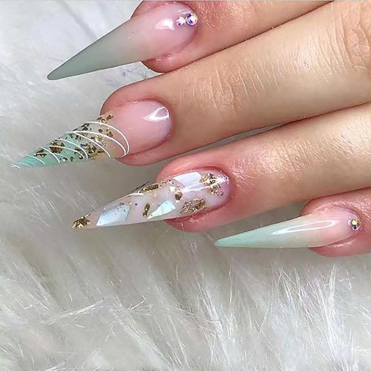 Mouyouglow Långa naglar Stiletto Milky White Gradient Rosa Glitter Coola falska naglar med lim Rosa Ombre Glitter konstgjorda naglar