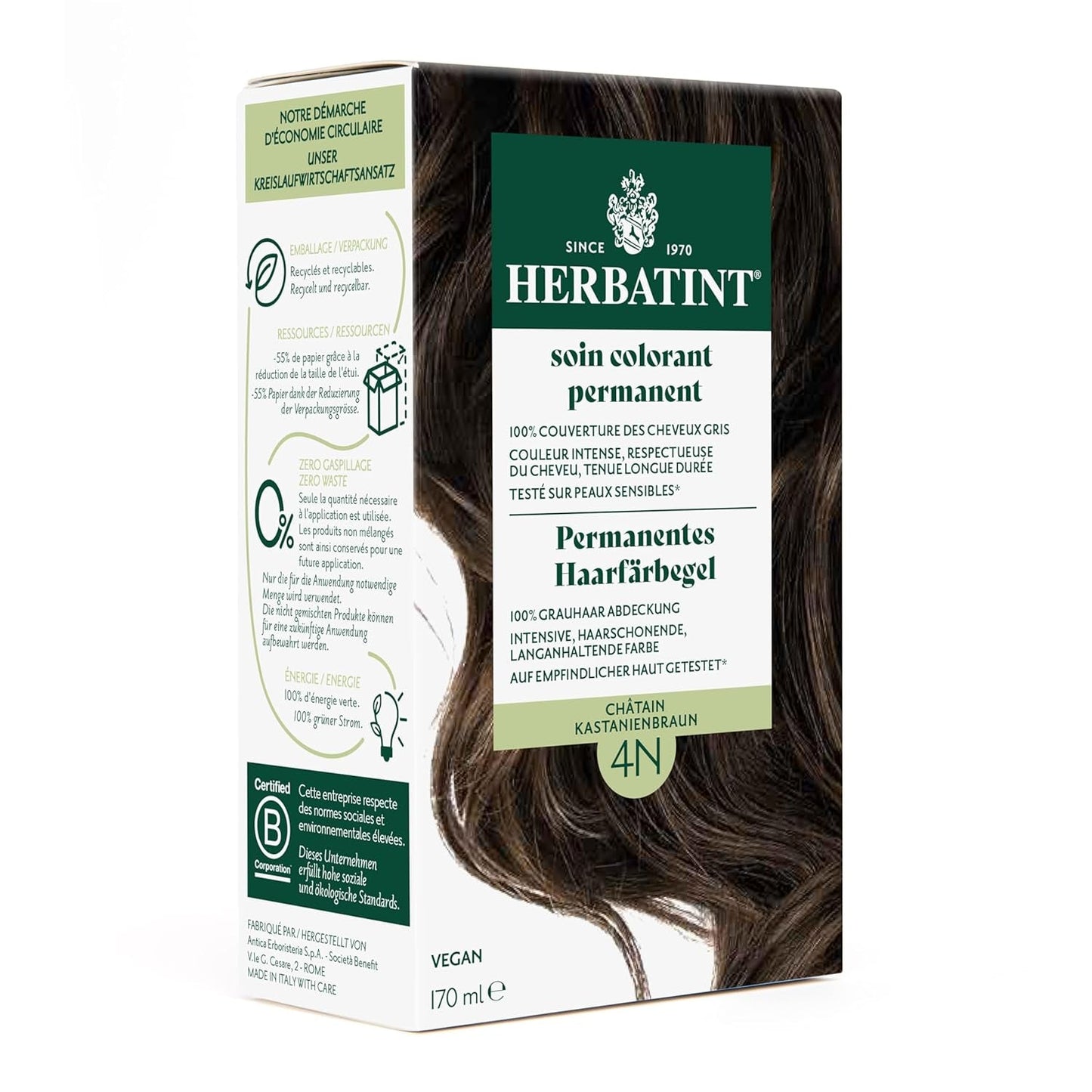 Permanent hårfärgningsgel 6N mörkblond - 170 ml I Ammoniakfri, 100 % täckning av grått hår I Testad på känslig hud, med 8 växtextrakt Hårfärgningsmedel Naty Shop 4N kastanjebrun