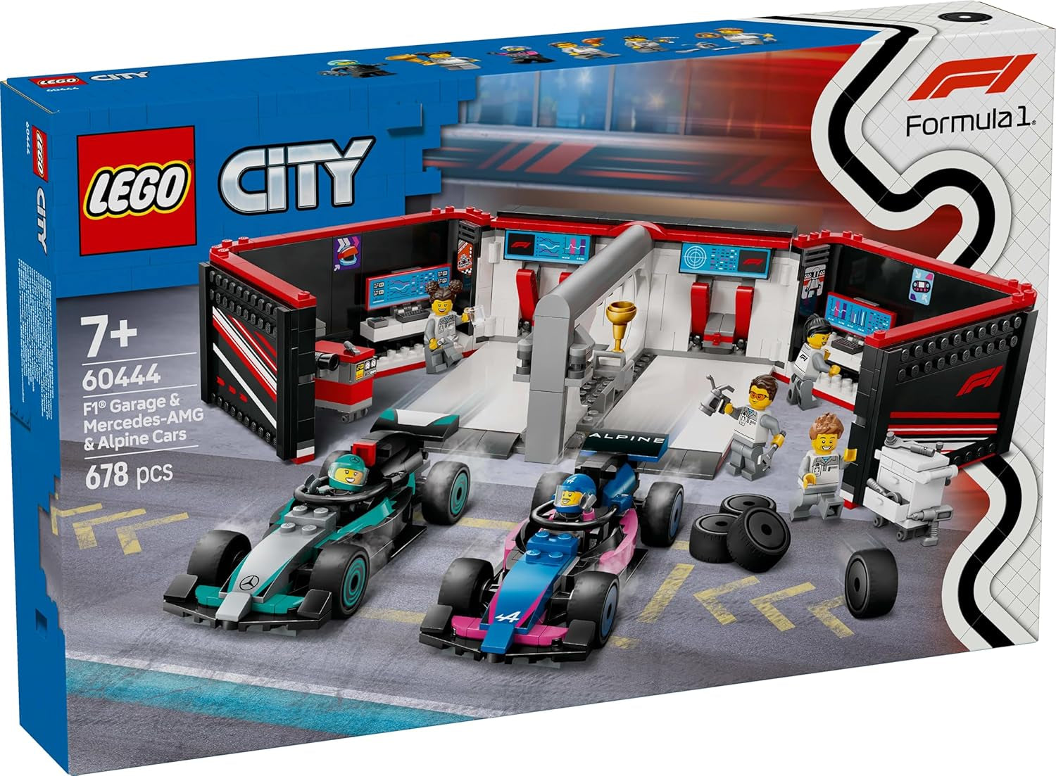 LEGO City F1 Garage med Mercedes-Amg och alpina racerbilar - Formel 1 racerbil med 2 förare och 4 mekaniska minifigurer - Present för pojkar och flickor 7+ och fans 60444 Besuche den LEGO-Store byggset