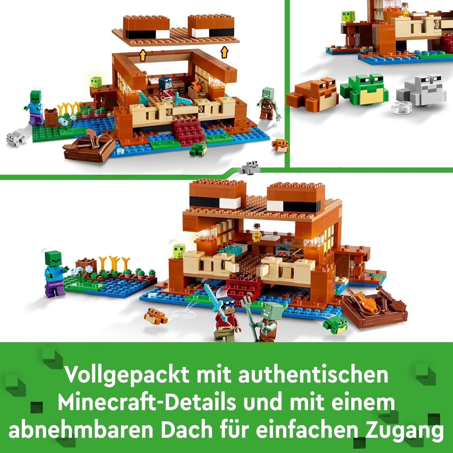 LEGO Minecraft The Frog House, leksakshus med figurer inklusive zombie, slem och drunknande man, plus tillbehör som leksaksbåt och arbetsbänk, present till pojkar och flickor från 8 år 21256 Byggset Besuche den LEGO-Store