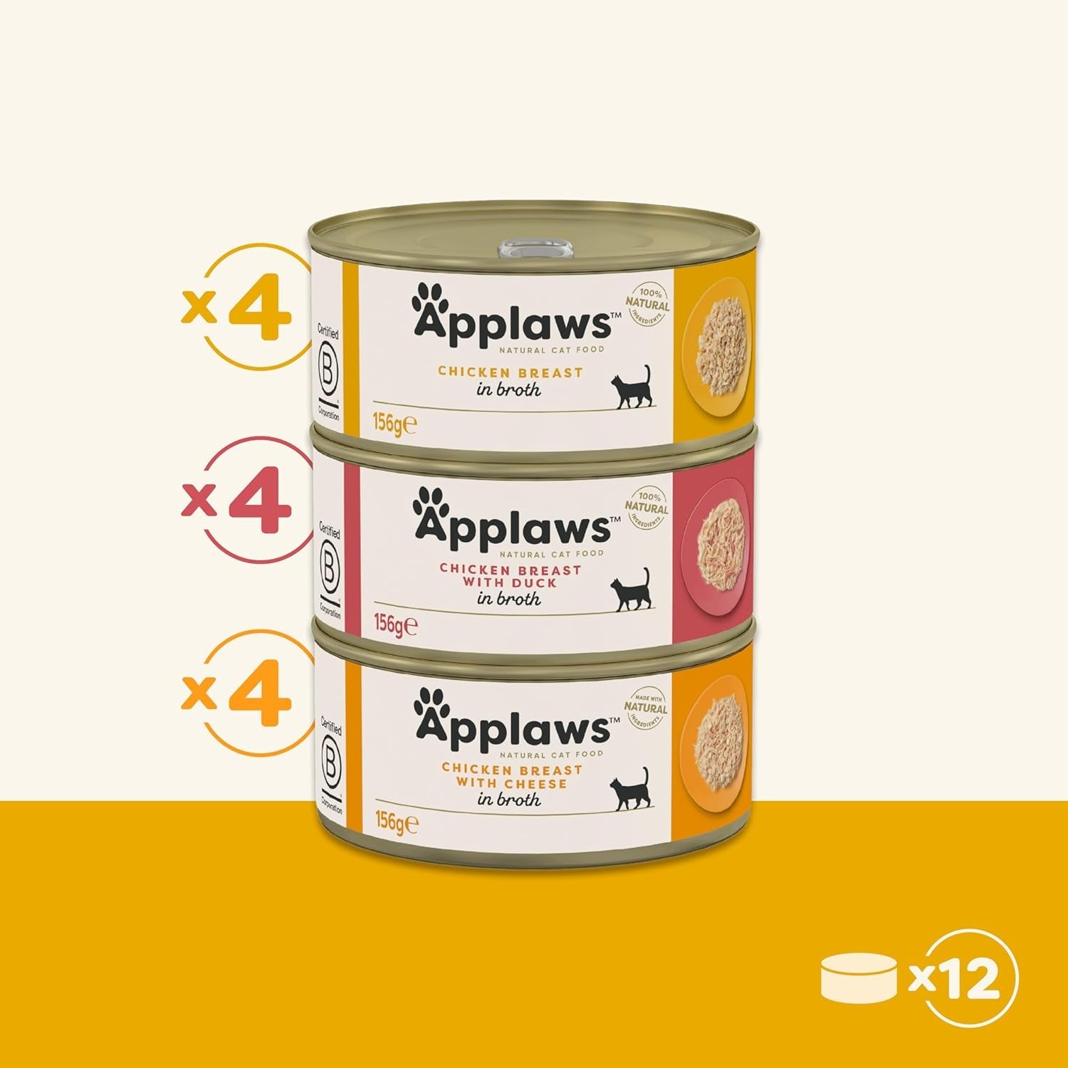 Applaws 100 % naturlig premium våt kattmat Kyckling i buljong Multipack - 12 burkar x 156 g förpackning