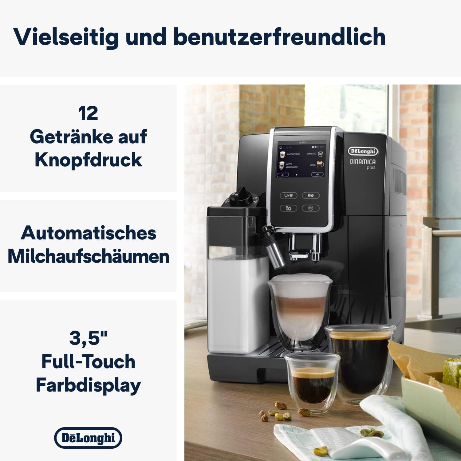 De'Longhi Dinamica Plus ECAM 370.70.B helautomatisk espressomaskin med LatteCrema mjölk, cappuccino och espressosystem, 3,5 tums TFT färgpekskärm och appkontroll, kaffefunktion, svart