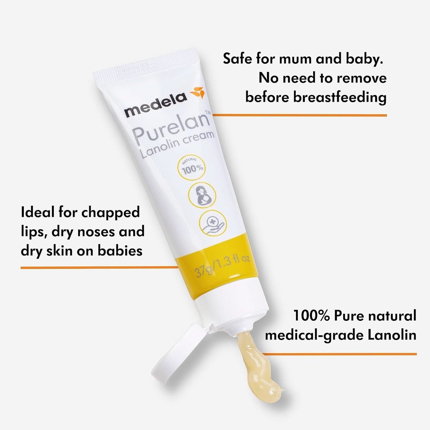 Medela Purelan 37G Lanolin Nipple Cream - kräm för ömma bröstvårtor och torr hud, 100 % naturliga, allergivänliga Tillbehör Mat och amning Bebe Naty Shop