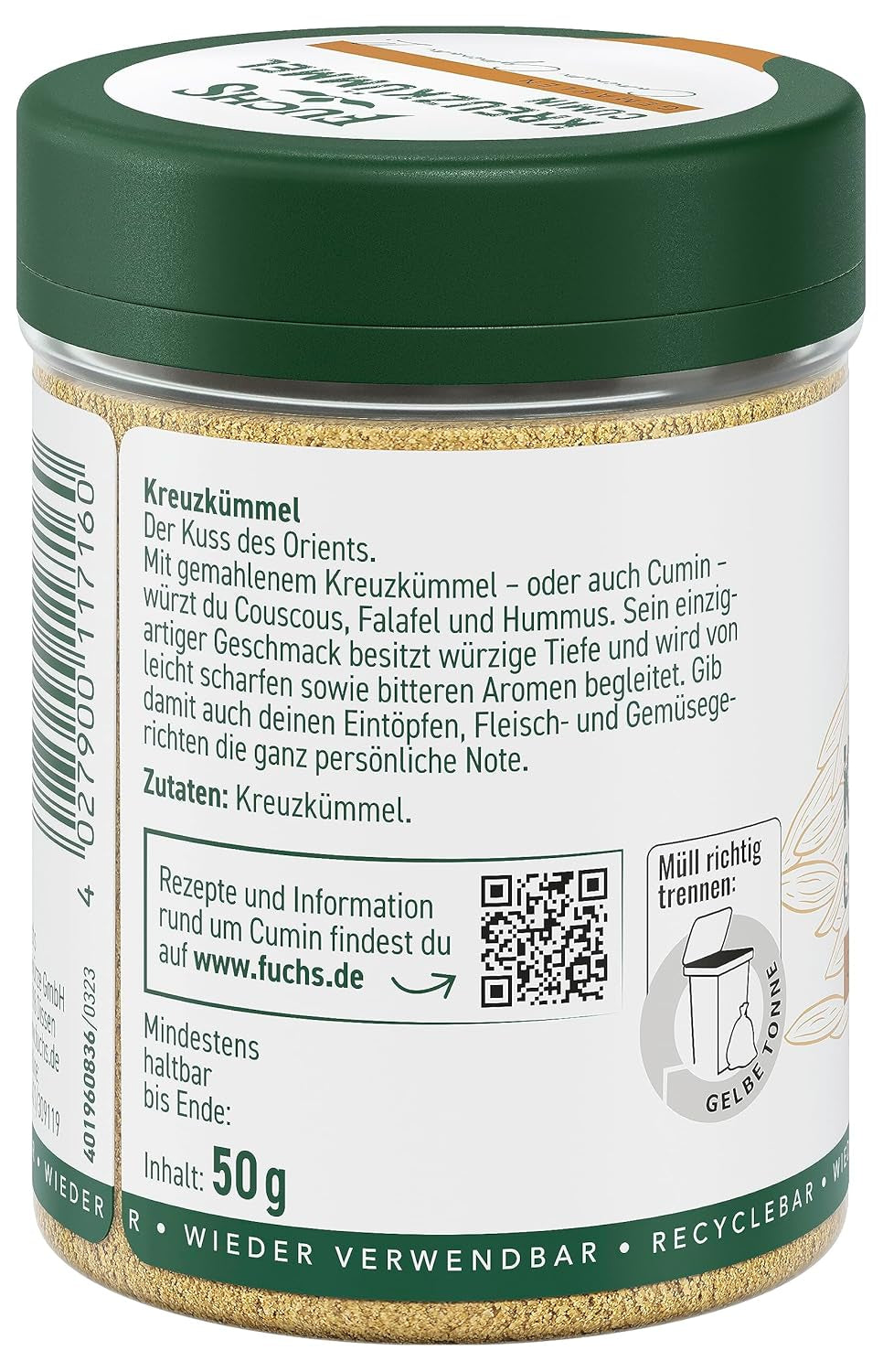 Fuchs Gewürze - Kreuzkümmel gemahlen - zum Würzen von Couscous, Hummus och Falafel - naturliga ingredienser - 50 g i wiederverwendbarer, recyclebarer Dos