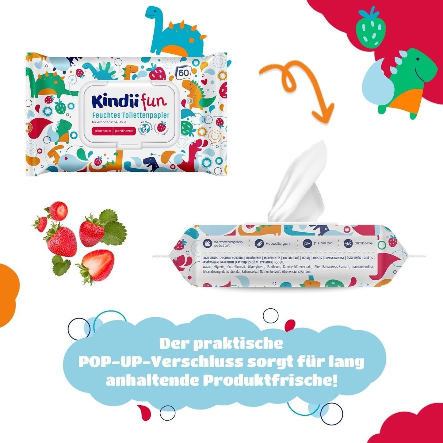 Kindii Fun Wet Toalettpapper - (10X60 stycken) Wet Toalettpapper - Kamomill, Aloe Vera, Ph-neutralt, Vattenbart, Fräschar upp det intima området - 600 stycken