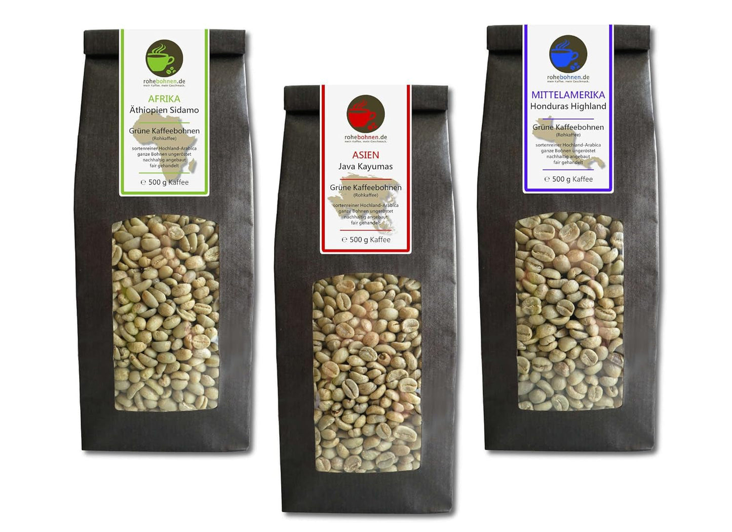 Råkaffe - Ekologiskt Etiopien, Java, Honduras grönt kaffe (reducerat paket gröna kaffebönor 3x500g) - GMP-certifierad