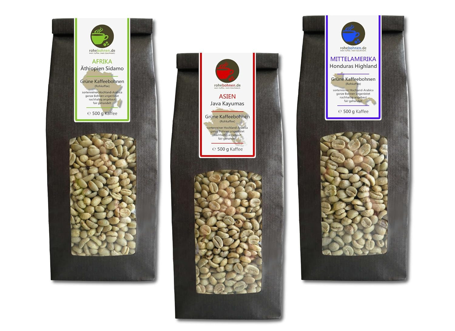 Råkaffe - Ekologiskt Etiopien, Java, Honduras grönt kaffe (reducerat paket gröna kaffebönor 3x500g) - GMP-certifierad