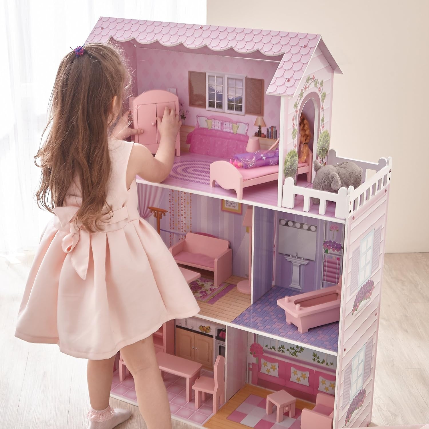 Olivia's Small World Giant Dollhouse, Stort trädockhus med möbler och tillbehör, 3-vånings dockhus för barn, dockhus för 12" dockor, 3 år + Naty Shop Dollhouses
