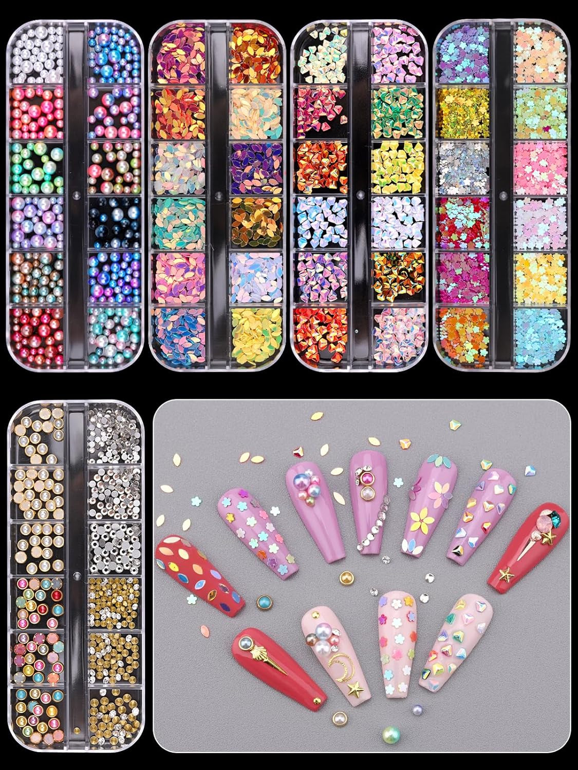 EBANKU Nail Art Strass Kit Multi Design Zubehör Mit 1 Pinzetten 1 Stück Wachsstifte Deko Diamanten Kristalle Perlen Edelsteine ​​Bunt Pferdeaugen Strass Metall Nieten Für Nagel DIY (1 Stück (10Er Pack))