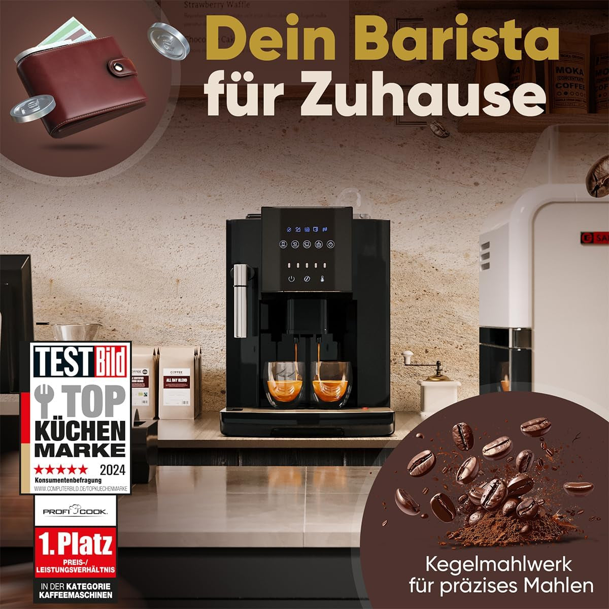 Helautomatisk ProfiCook® espressomaskin med mjölkskummare för cappuccino | Konisk slipmaskin | med koppvärmefunktion | Italiensk professionell pump | Pekskärm | Espresso | PC KAV 1281