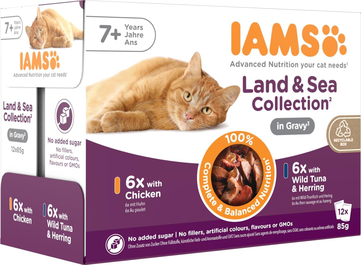IAMS Delights Våtfoder för seniorkatter - Multipack med kyckling och fisk i sås, högkvalitativt våtfoder för katter äldre än 7 år, 12 x 85g